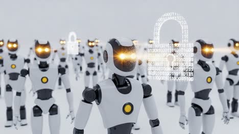 a group of advanced robots displaying security features with glowing eyes and data symbols in a futuristic environment