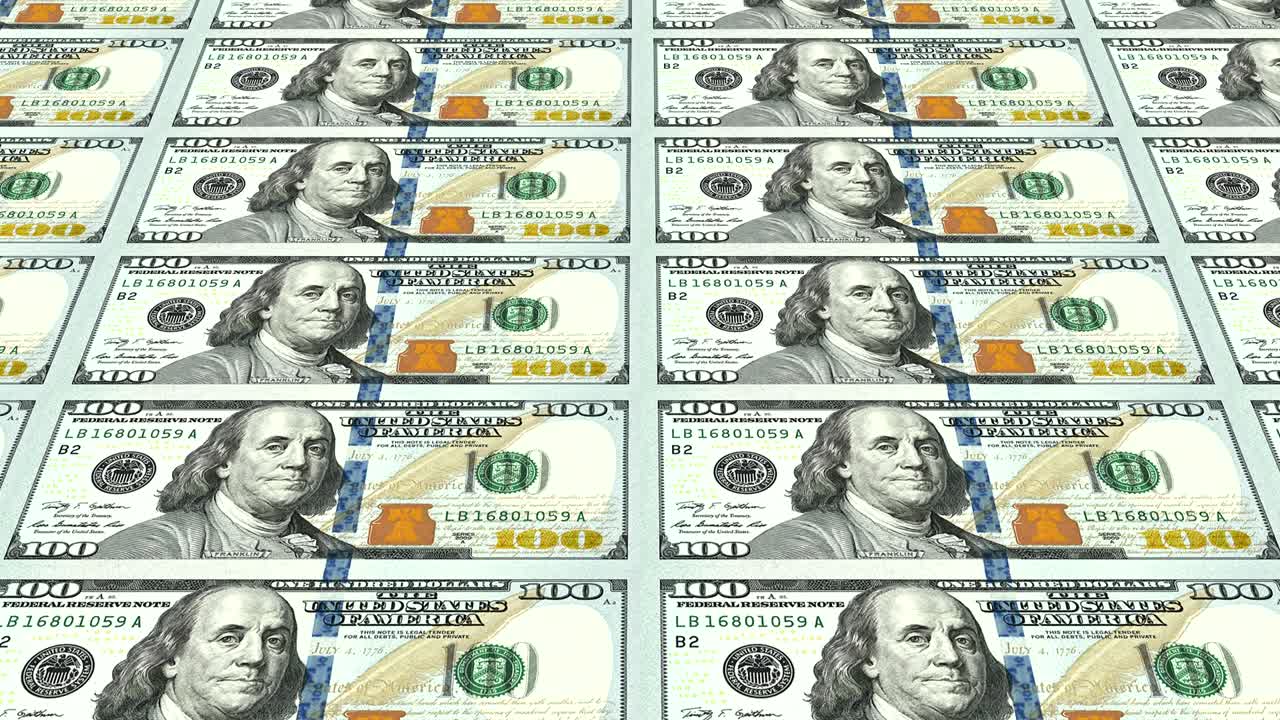 새로운 100 달러 지폐는 멀리 3d 관점에서 루프로 표시됩니다.