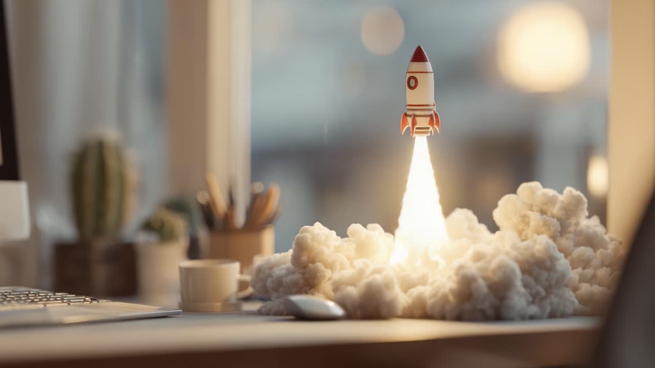 A Creative Representation of a Rocket Launching from a Home Office Desk, Surrounded by Cloudy Smoke, Symbolizing Innovation and Aspiration in Technology