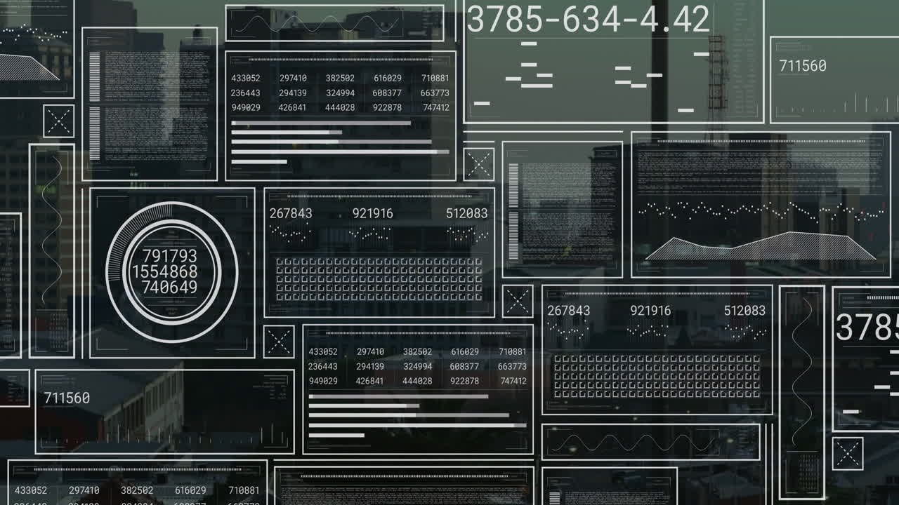 Animation of interface with data processing against aerial view of cityscape