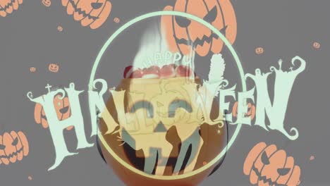 happy halloween text and pumpkin icons falling against halloween candies in a pumpkin shaped bucket