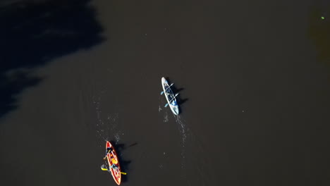 aerial view, kayak and people on lake water