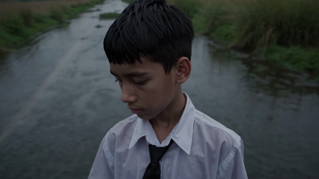 Young boy in white shirt and black tie stands pensively by a flowing stream, reflecting on life as the scene unfolds with a serene, contemplative atmosphere