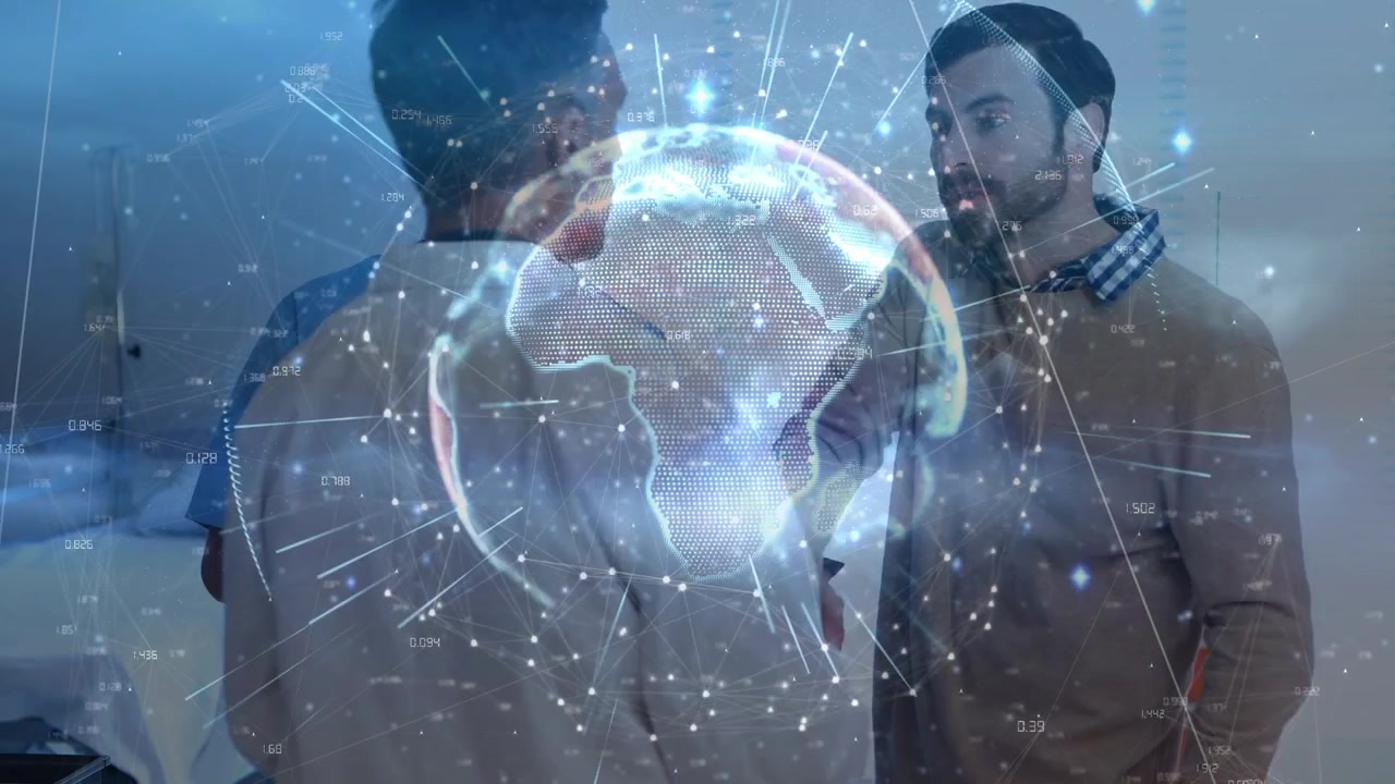 Animazione di connessioni e un globo su diversi medici uomini e un paziente che parlano