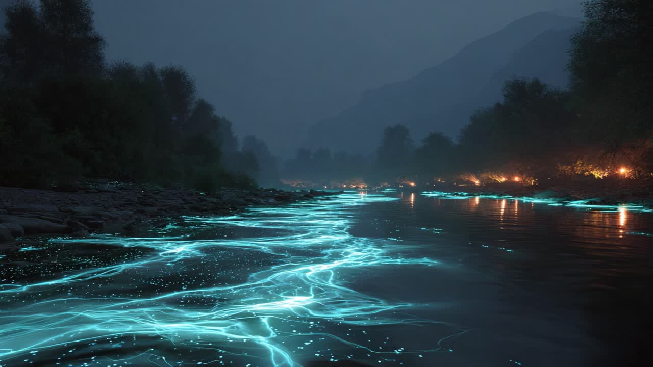 Magical bioluminescent phytoplankton lighting up a river at night with a stunning neon blue glow, creating a beautiful and surreal natural spectacle with shimmering lights in the water