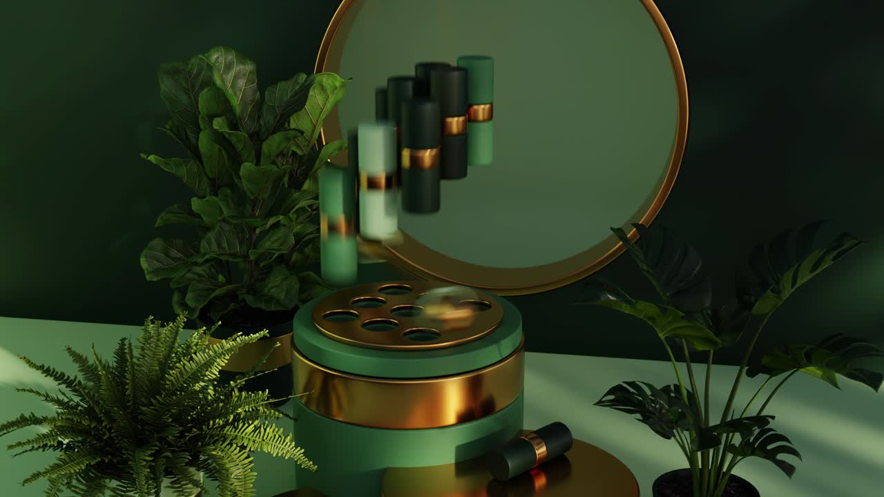 Luxury Cosmetics Still Life with Green and Gold Accents