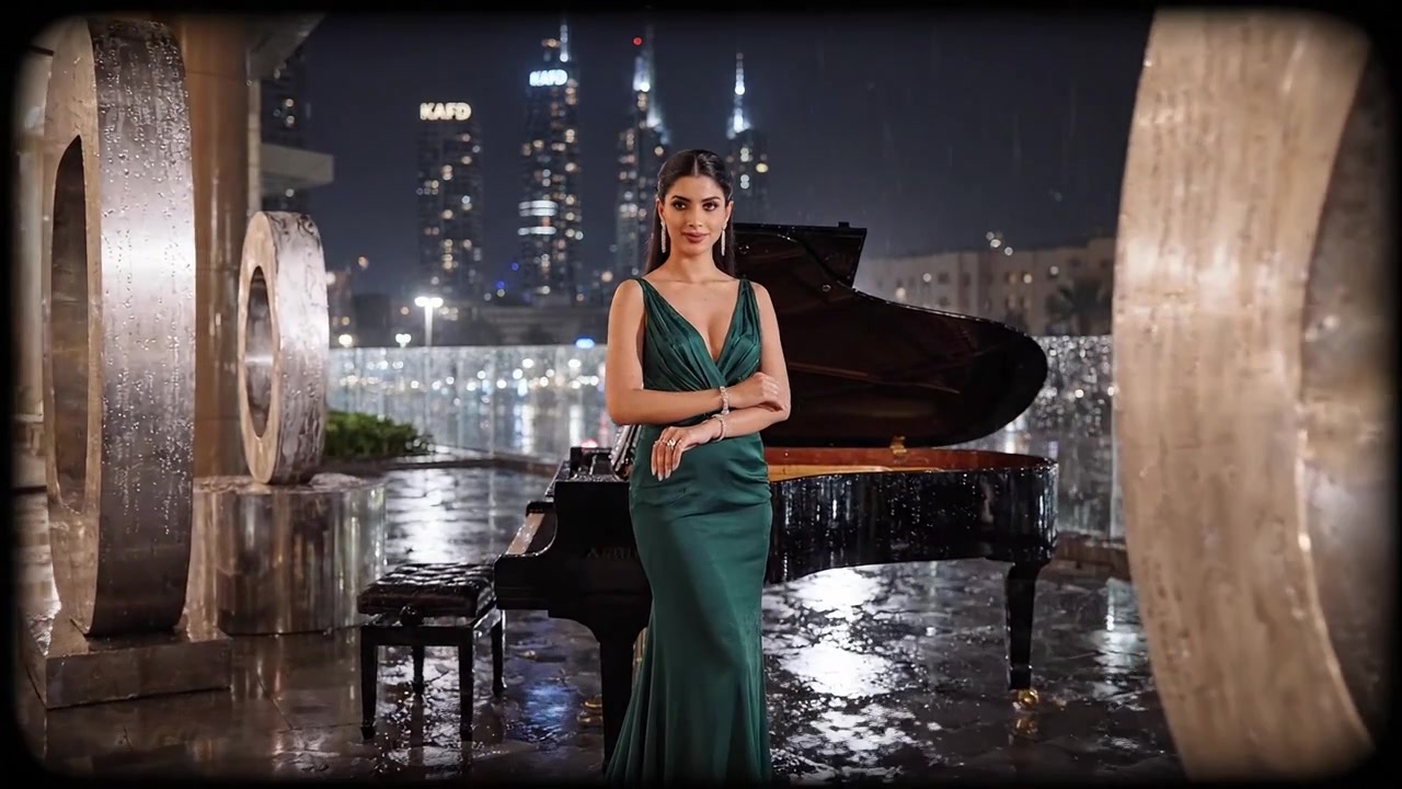 Mujer elegante con un impresionante vestido verde posando junto a un piano bajo las luces de una ciudad lluviosa, rodeada de esculturas modernas y una superficie mojada reflectante por la noche.