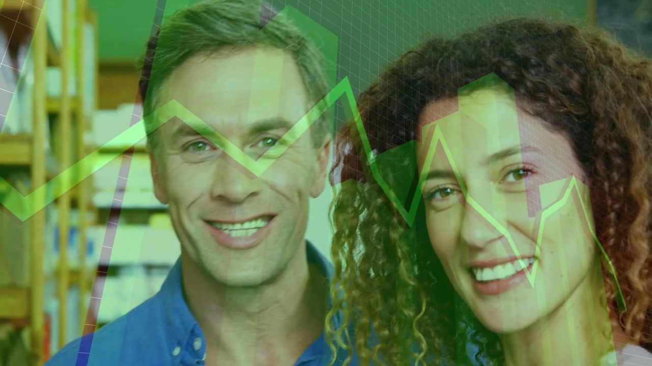 Man turning jar, reading label as woman smiling, charts overlaying faces, choosing grocery product