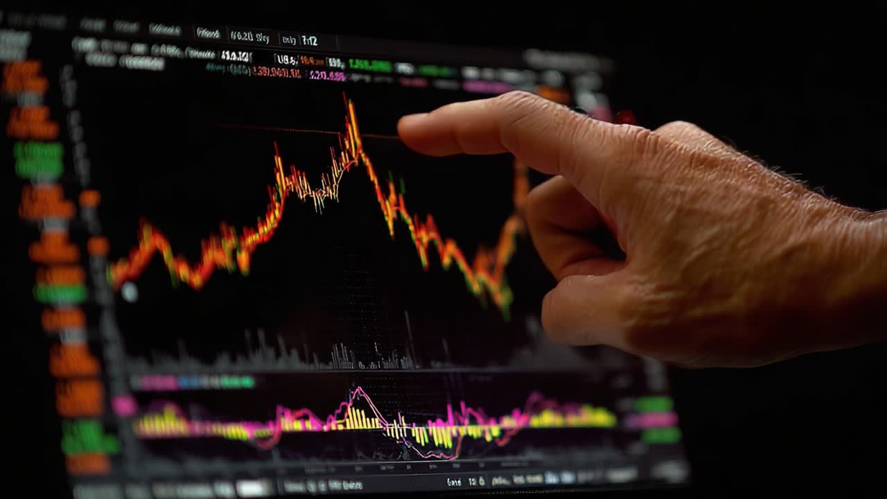 Primo piano di una mano che indica l'analisi delle tendenze su un grafico del mercato azionario che mostra i movimenti verso l'alto e verso il basso evidenziati da indicatori colorati e punti dati