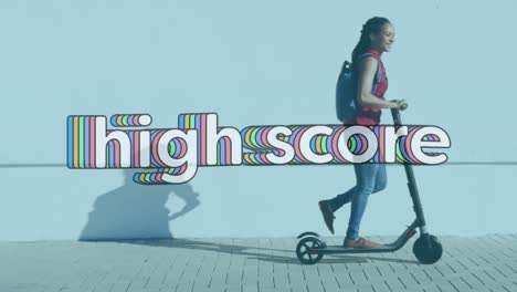 Animation-of-high-score-text-over-woman-walking-with-electric-scooter-on-pavement