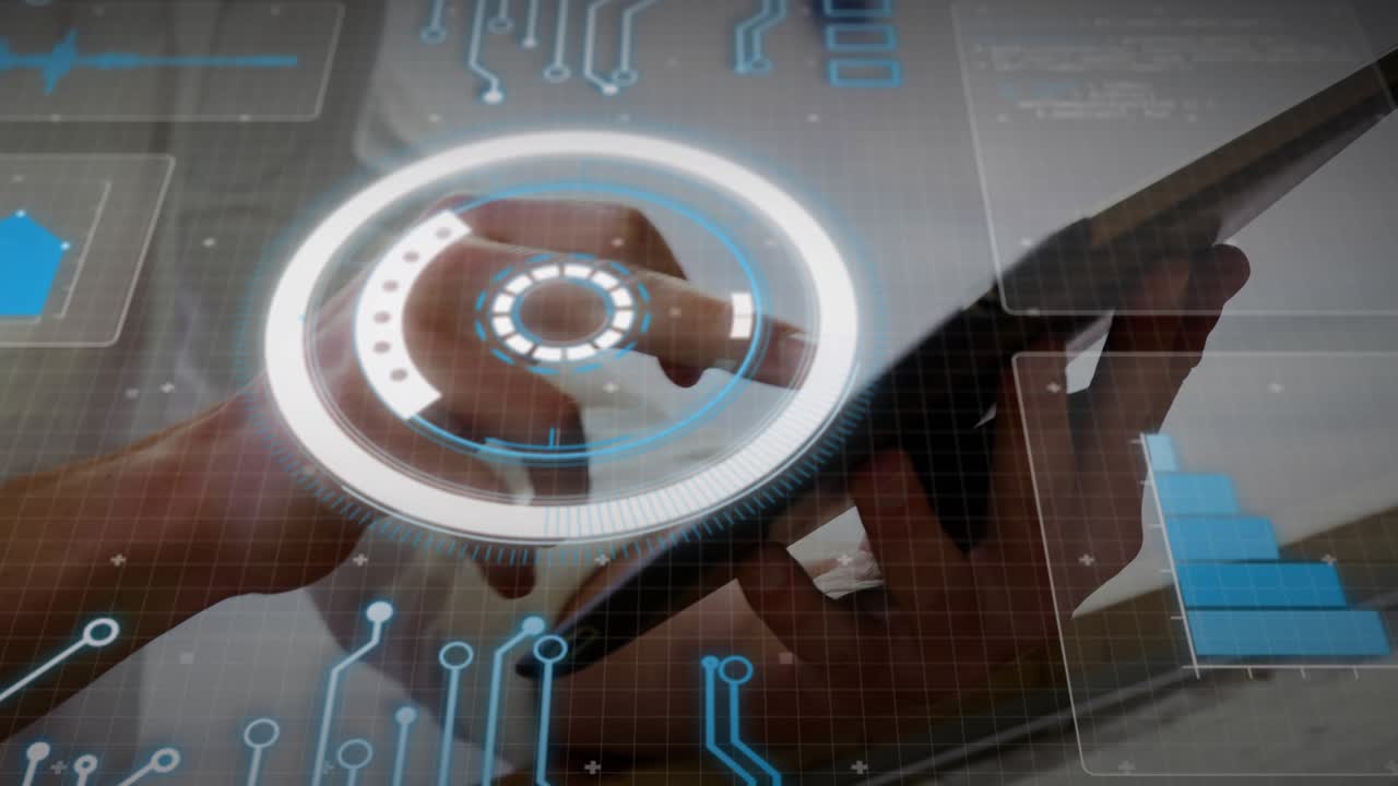 Male hands tapping tablet, left finger initiating HUD rotation to adjust rings and view tech data