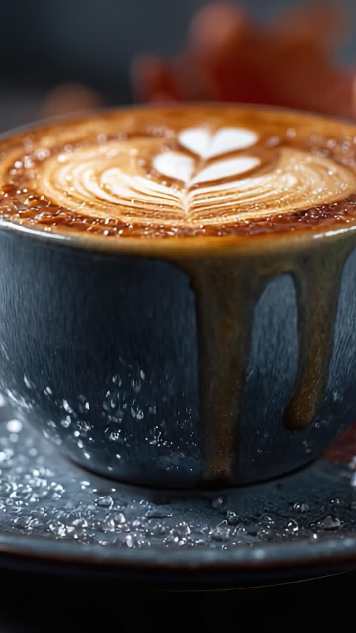 Raffinata arte del caffè: un latte macchiato con finitura in crema e un delicato design a foglia in una tazza di ceramica decorata con gocce, appoggiata elegantemente su un piattino ruvido