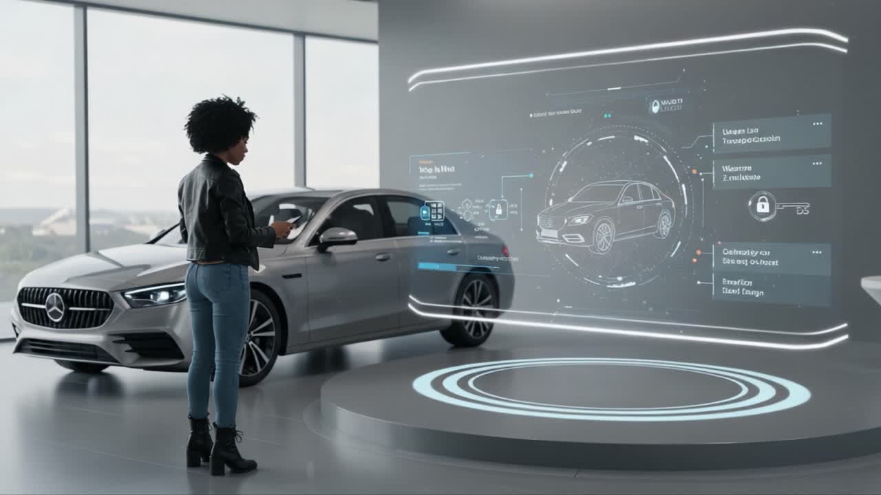 Exploring Innovative Automotive Technology: A Futuristic Interaction with a Smart Car and Interactive Display Showcasing Key Features and Digital Integration