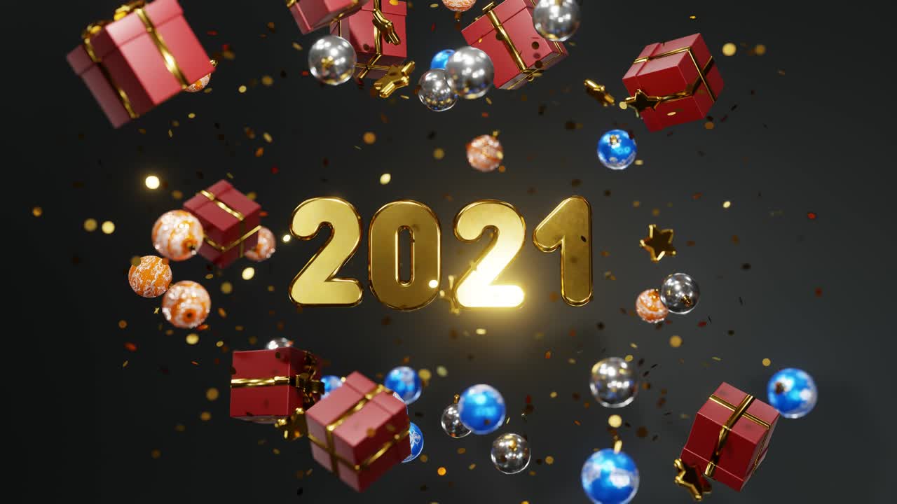 Capodanno e Natale 2021. Iscrizione dorata mobile "2021" su sfondo nero con coriandoli dorati, palline di Natale e scatole regalo. Animazione in loop 3D 4K.