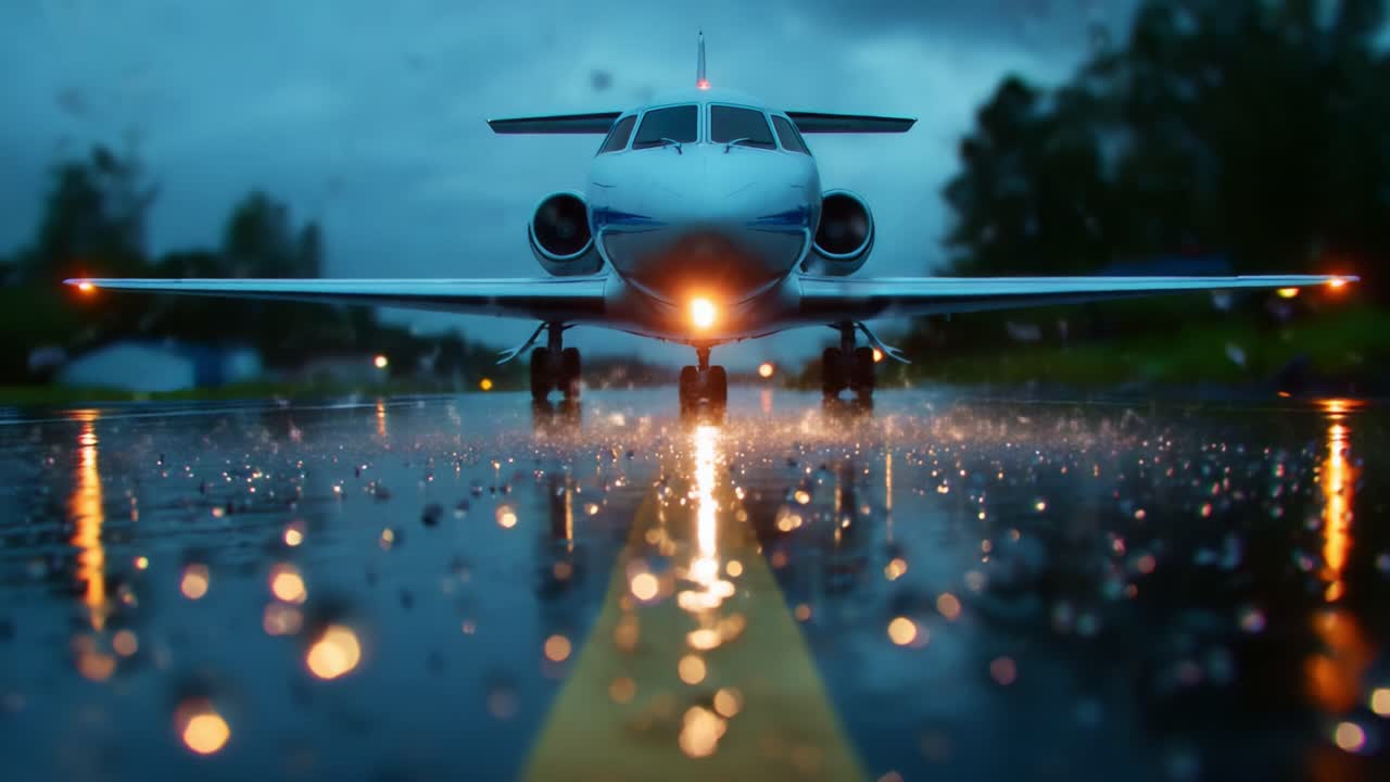 Un elegante aeroplano si trova su una pista bagnata dalla pioggia, con i fari che fendono l'atmosfera nebbiosa mentre le goccioline danzano in primo piano, creando una scena affascinante di eleganza aeronautica e bellezza atmosferica