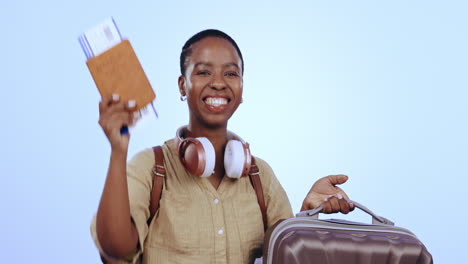woman, passport and plane ticket in studio