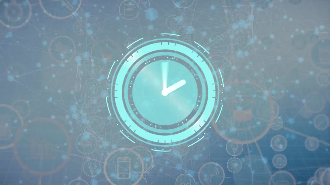 灰色の背景の接続ネットワークを回す時計のアニメーション