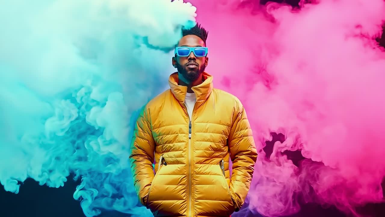 un hombre con gafas de sol y una chaqueta amarilla de pie frente a un humo rosa y azul