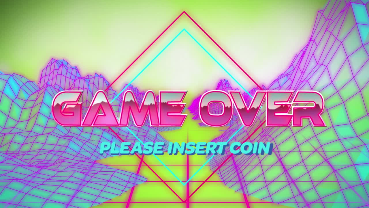 게임 끝 애니메이션 산과 함께 디지털 추상 공간에 동전을  ⁇ 입하십시오