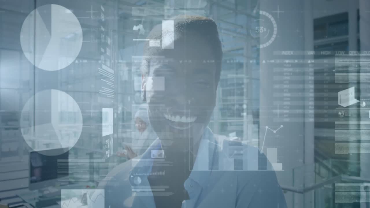 Animation of financial data processing over businesswoman smiling in office