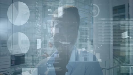 animation of financial data processing over businesswoman smiling in office