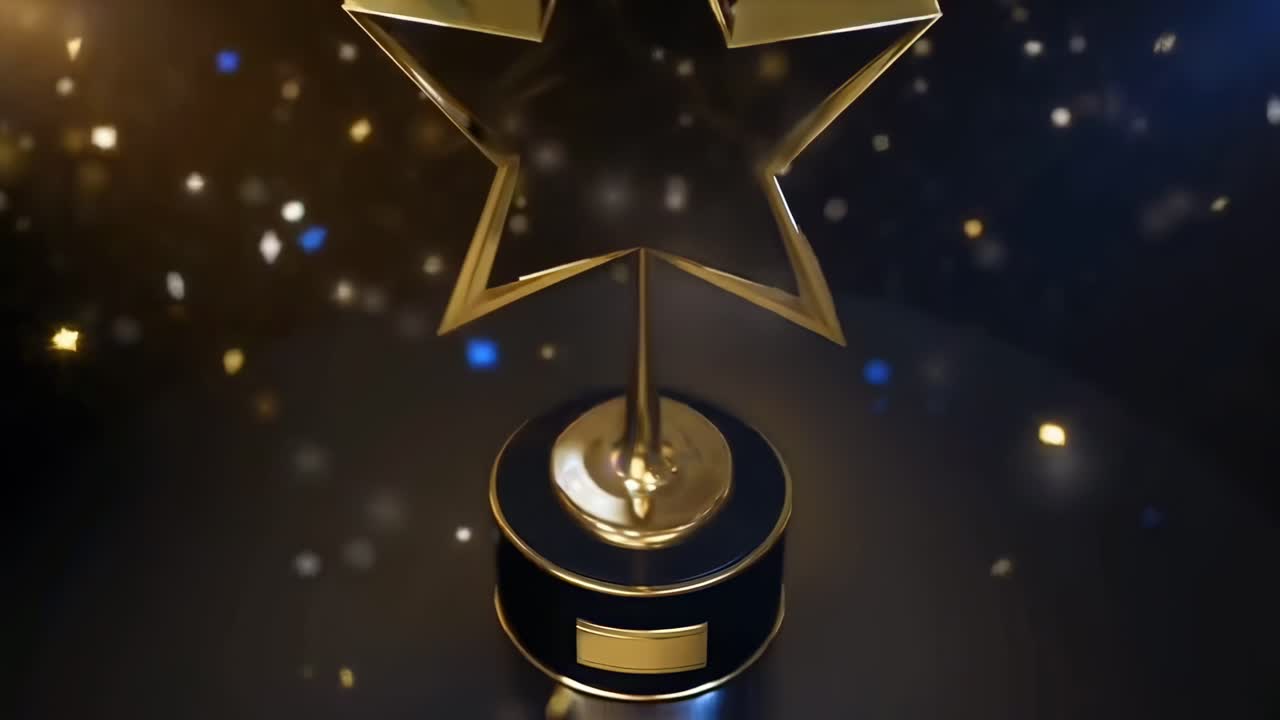 Low-angle video of a golden trophy with sparkling bokeh lights, creating an elegant ambiance