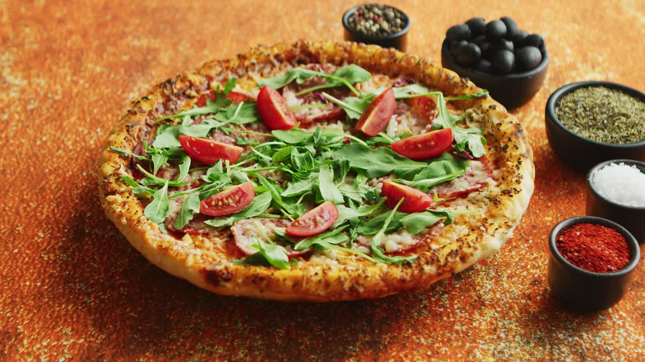 Pizza saborosa em um fundo enferrujado com especiarias, ervas e vegetais.
