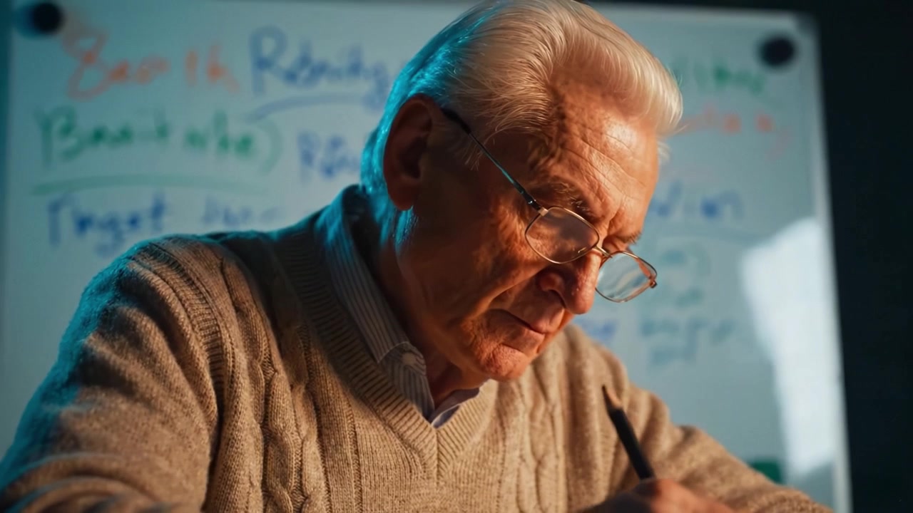 Elderly Man Deep in Thought: Writing and Analyzing Ideas on a Whiteboard Displaying Schemes and Targets for a Project or Creative Endeavor