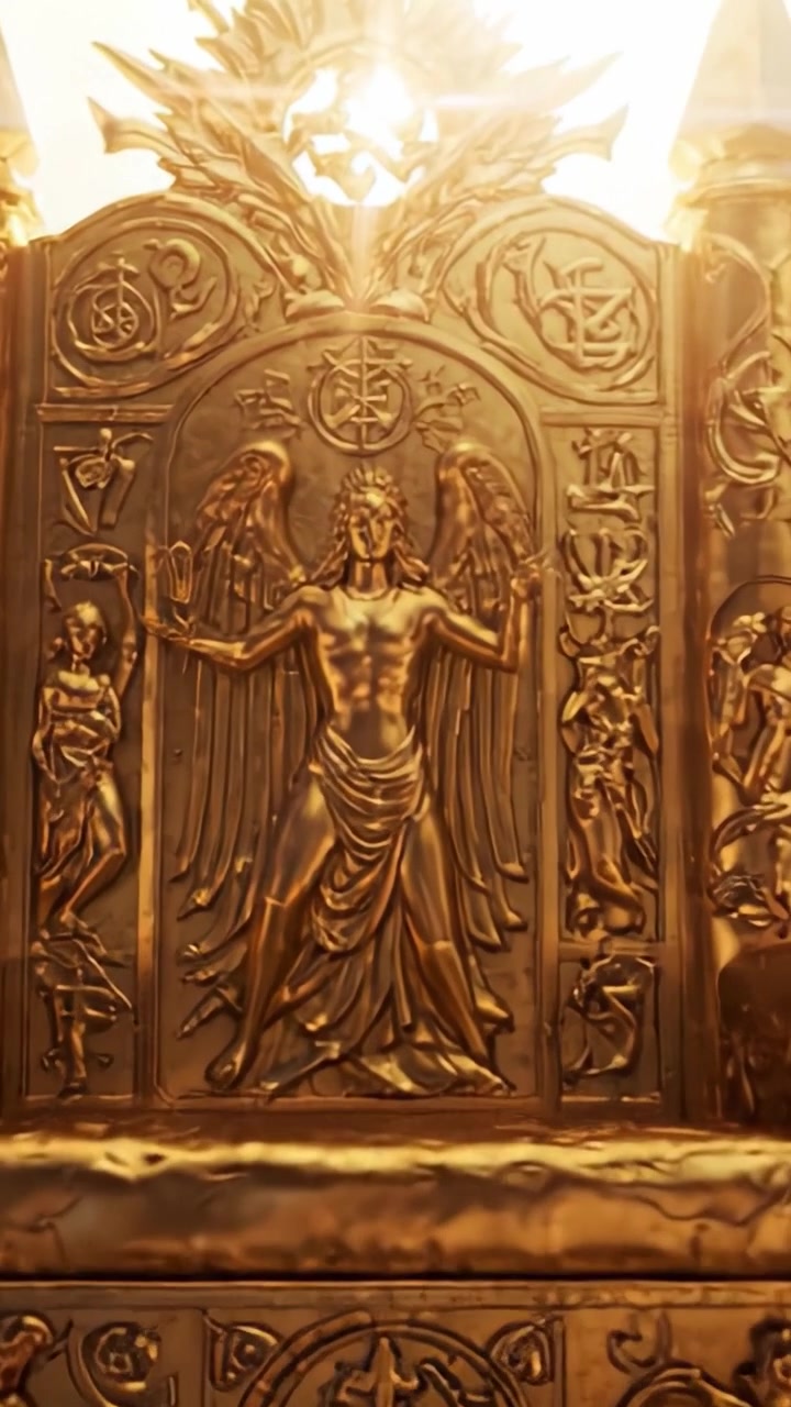 Uno sfolgorante trono dorato adornato con immagini celesti e simboli mistici, che irradia luce e potere, catturando l'essenza della maestà e autorità divina