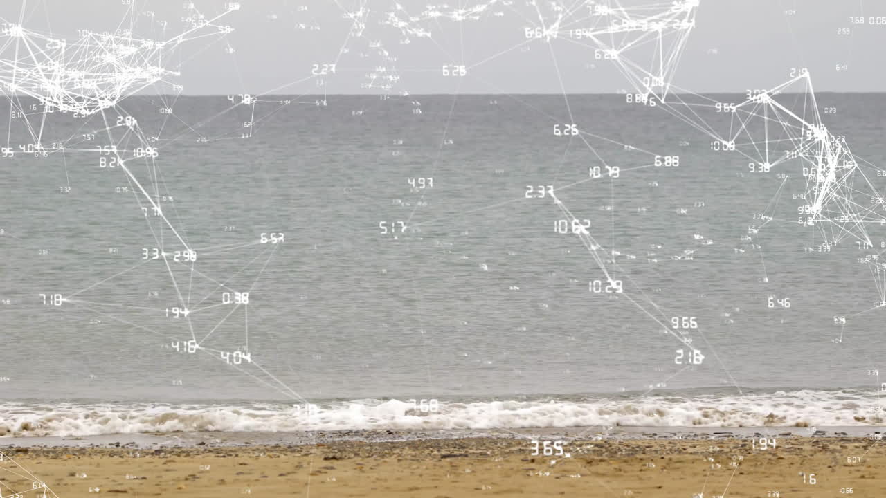 сеть соединений и обработка данных анимация над пляжем и океаном