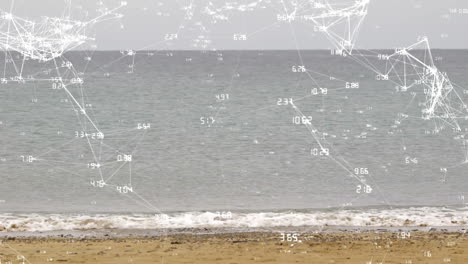 red de conexiones y animación de procesamiento de datos sobre la playa y el océano