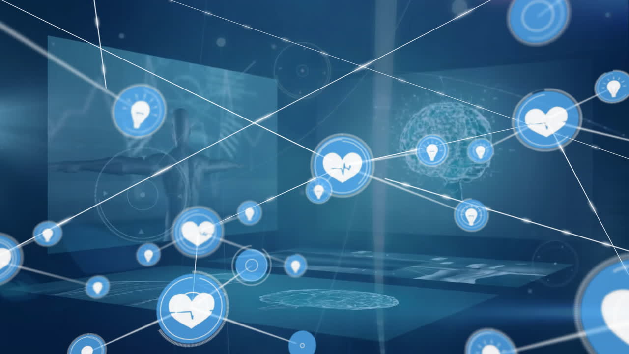 검은색 배경에 데이터 처리에 대한 아이콘으로 연결 네트워크의 애니메이션