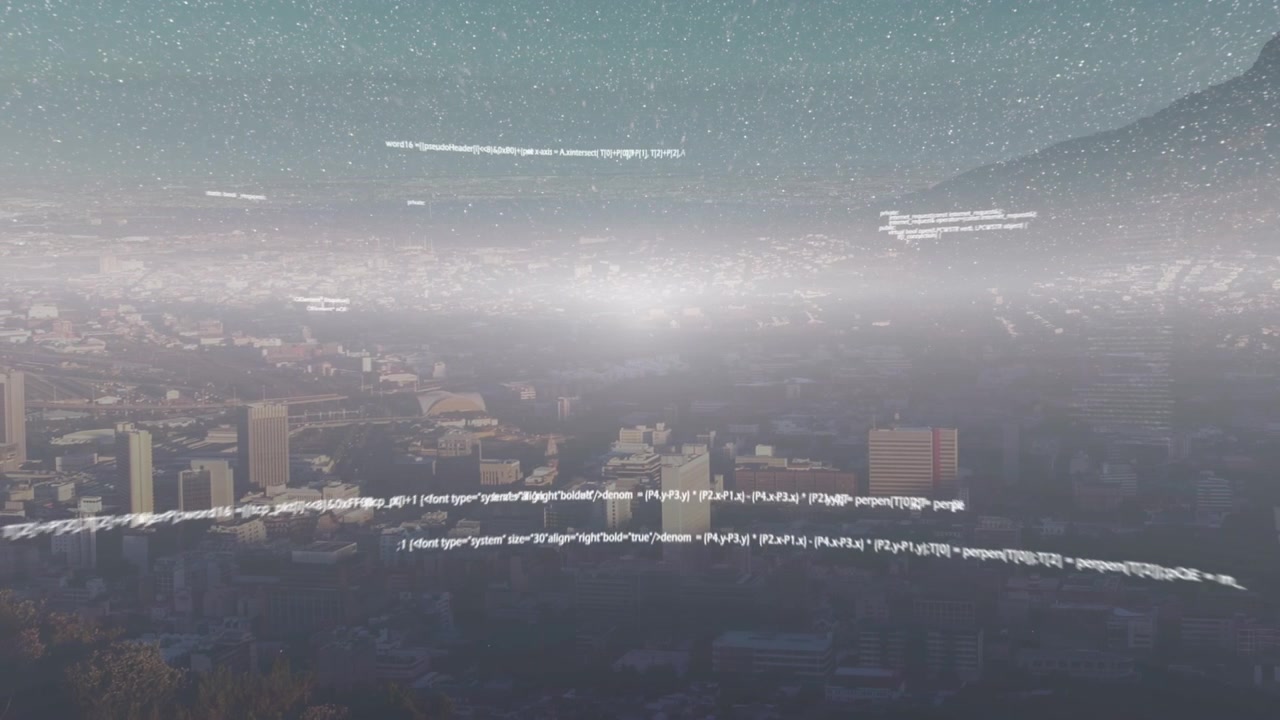 Animation of data processing over cityscape