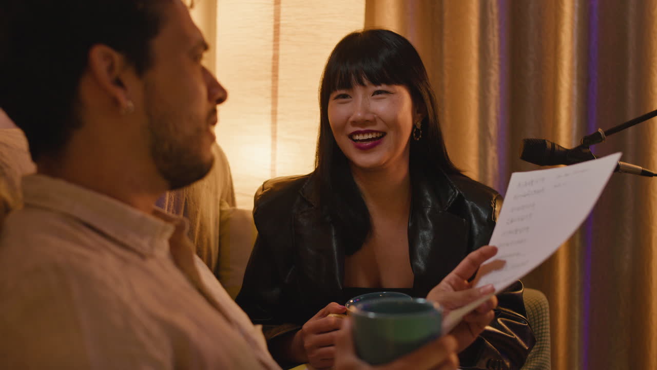 Podcast recording session with Asian woman