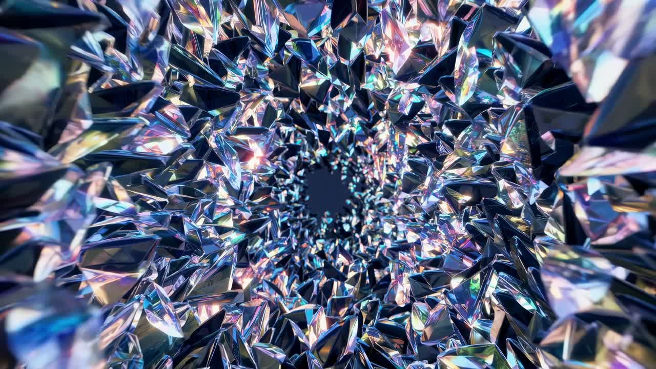 Iridescent crystal tunnel forming a captivating circular path with a dark center, creating a mesmerizing visual experience filled with vibrant colors and dynamic reflections