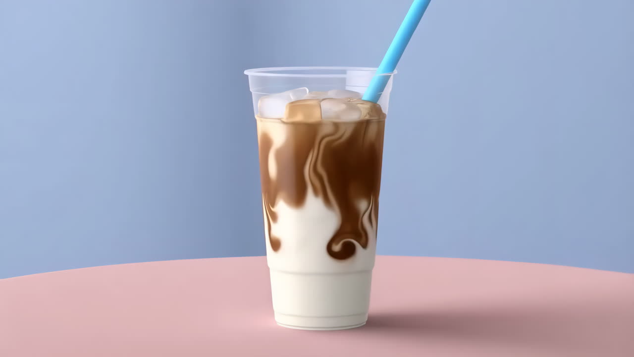 Iskaffe med virvlende melk i en plastkopp