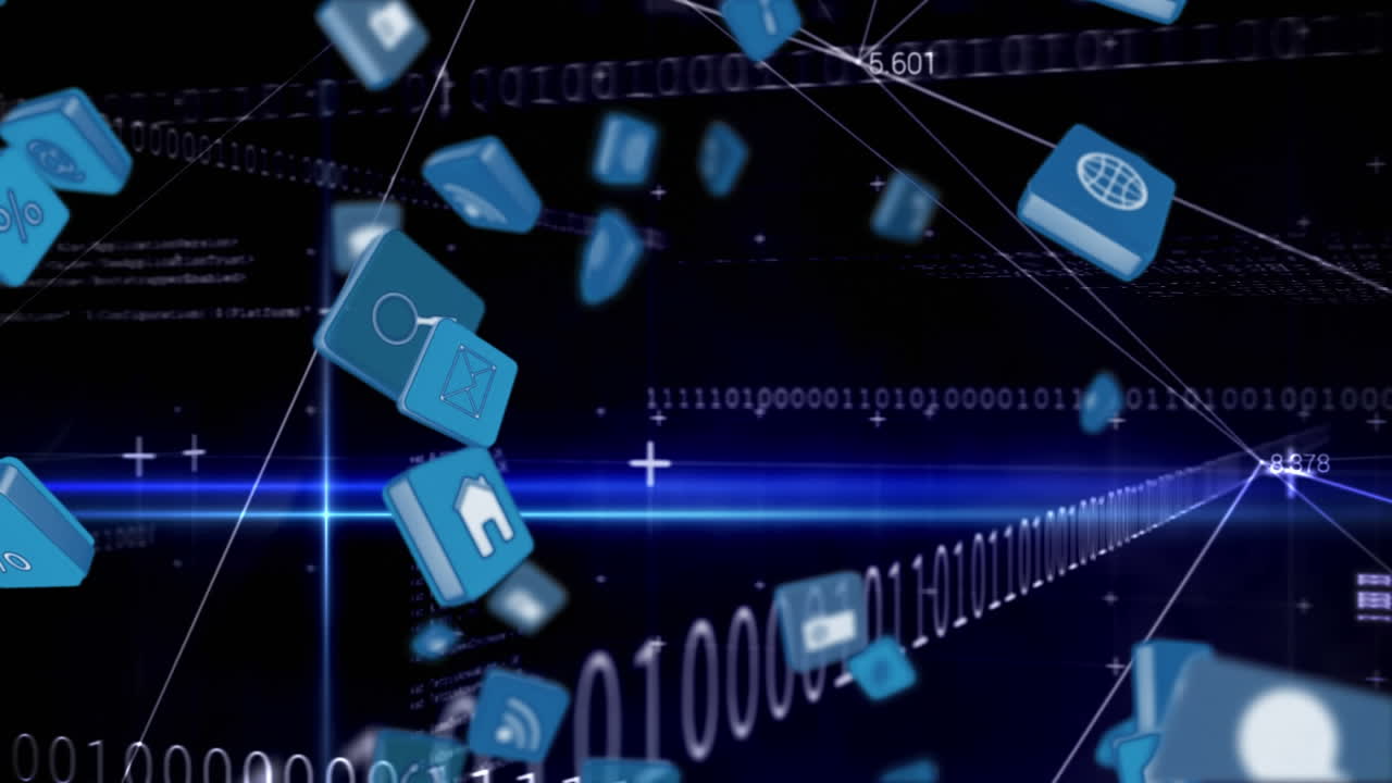 바이너리 코드 배경에 있는 인터넷 아이콘과 기호