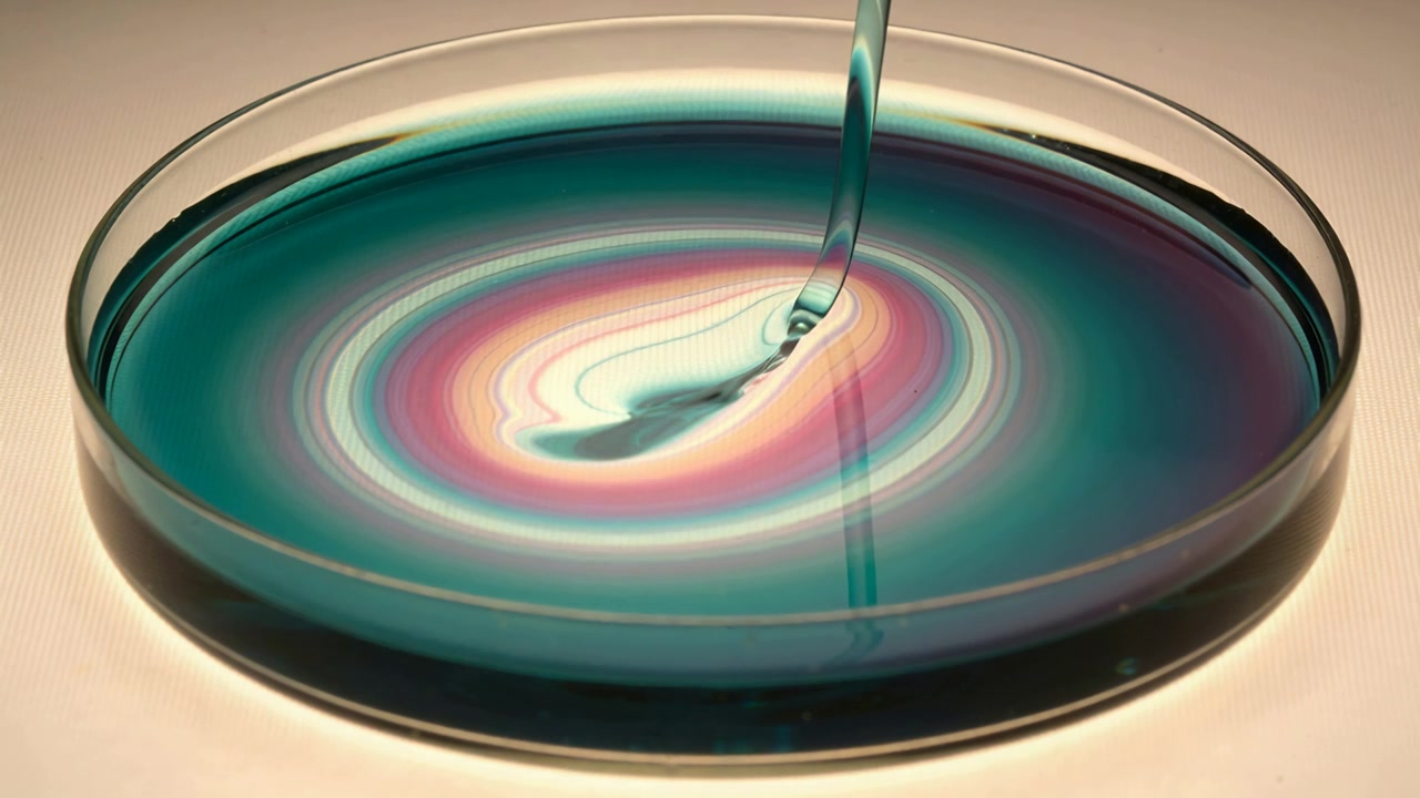 Pouring thin teal stream forming and warping ringed pattern in petri dish causing distortion
