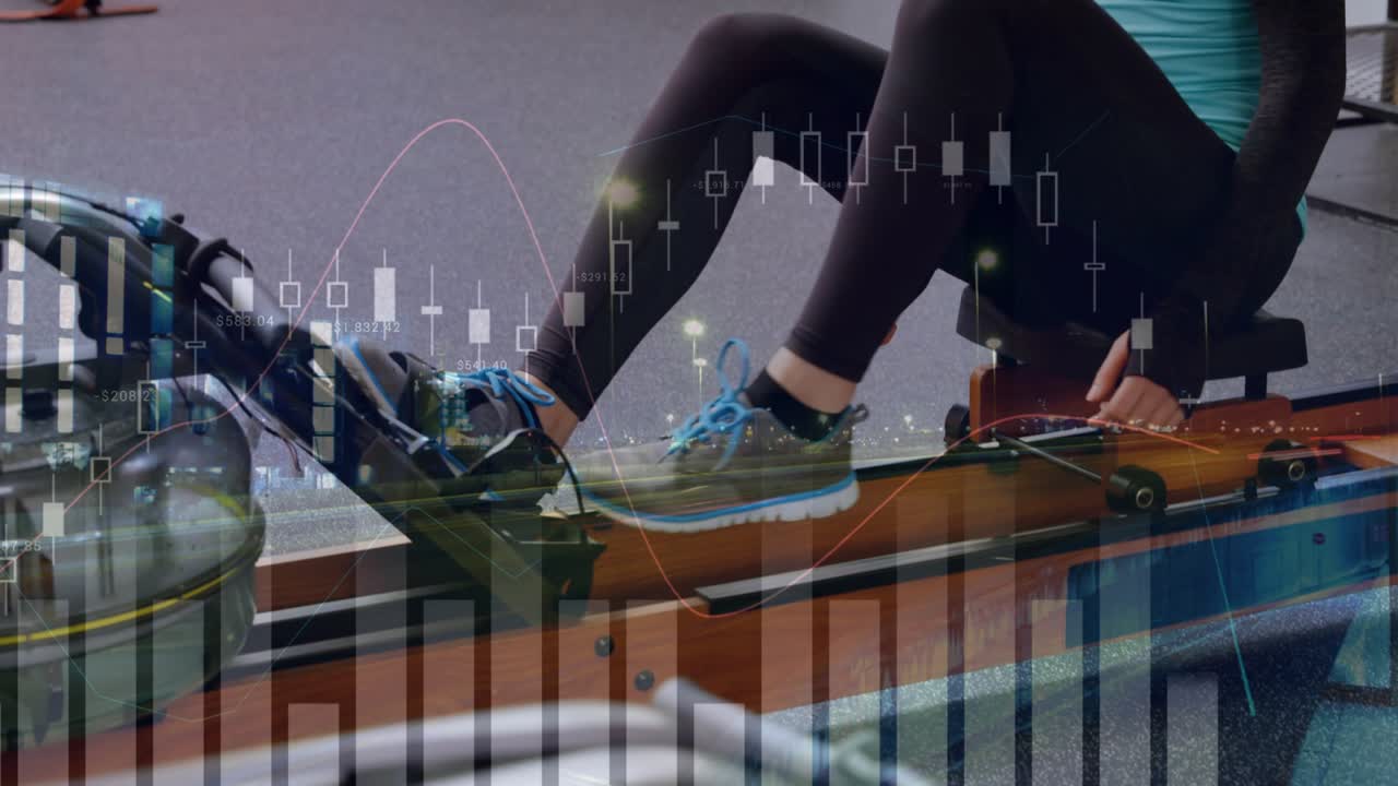 Woman bracing feet, pulling, rowing to train while semi-transparent financial charts tracking power