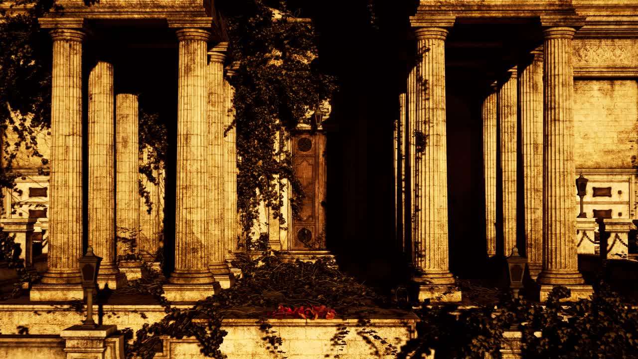 해가 지는 동안 파괴된 도시와 기념비, 잔해, 손상된 자동차, 연기 및 불, 3d 애니메이션, 애니메이션 장면, 카메라 도리  아웃