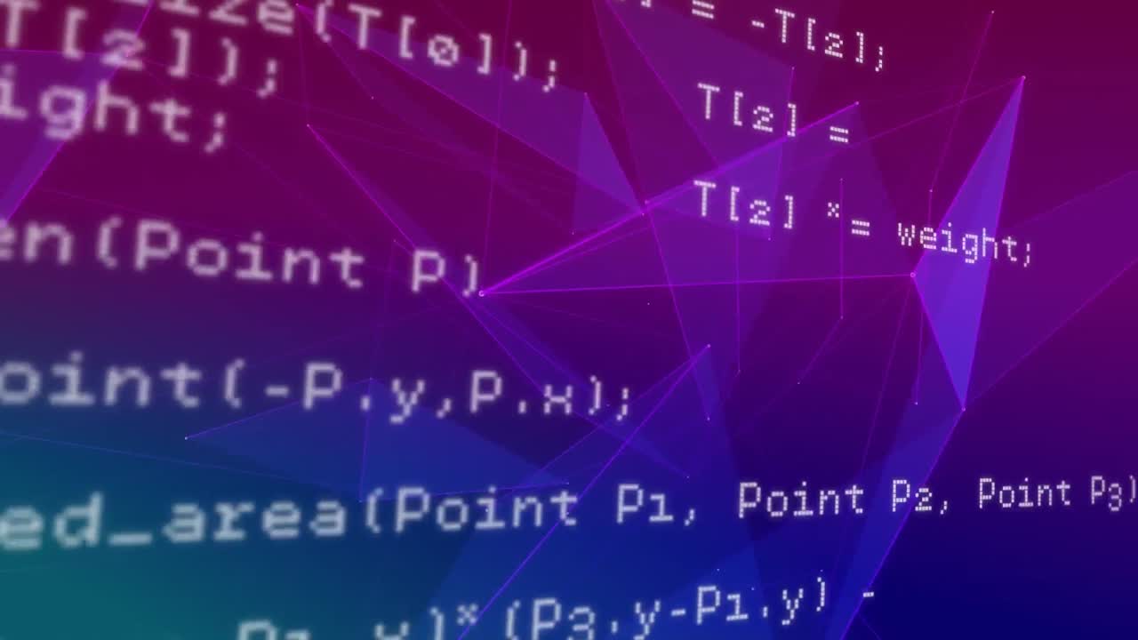 animación digital del procesamiento de datos a través de redes de plexo contra un fondo de gradiente púrpura y azul