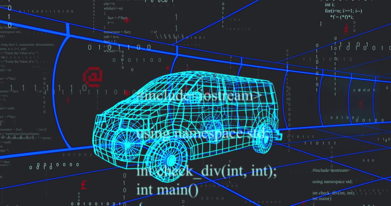 Van staying static, binary and red symbols drifting, namespace sweeping, code scrolling