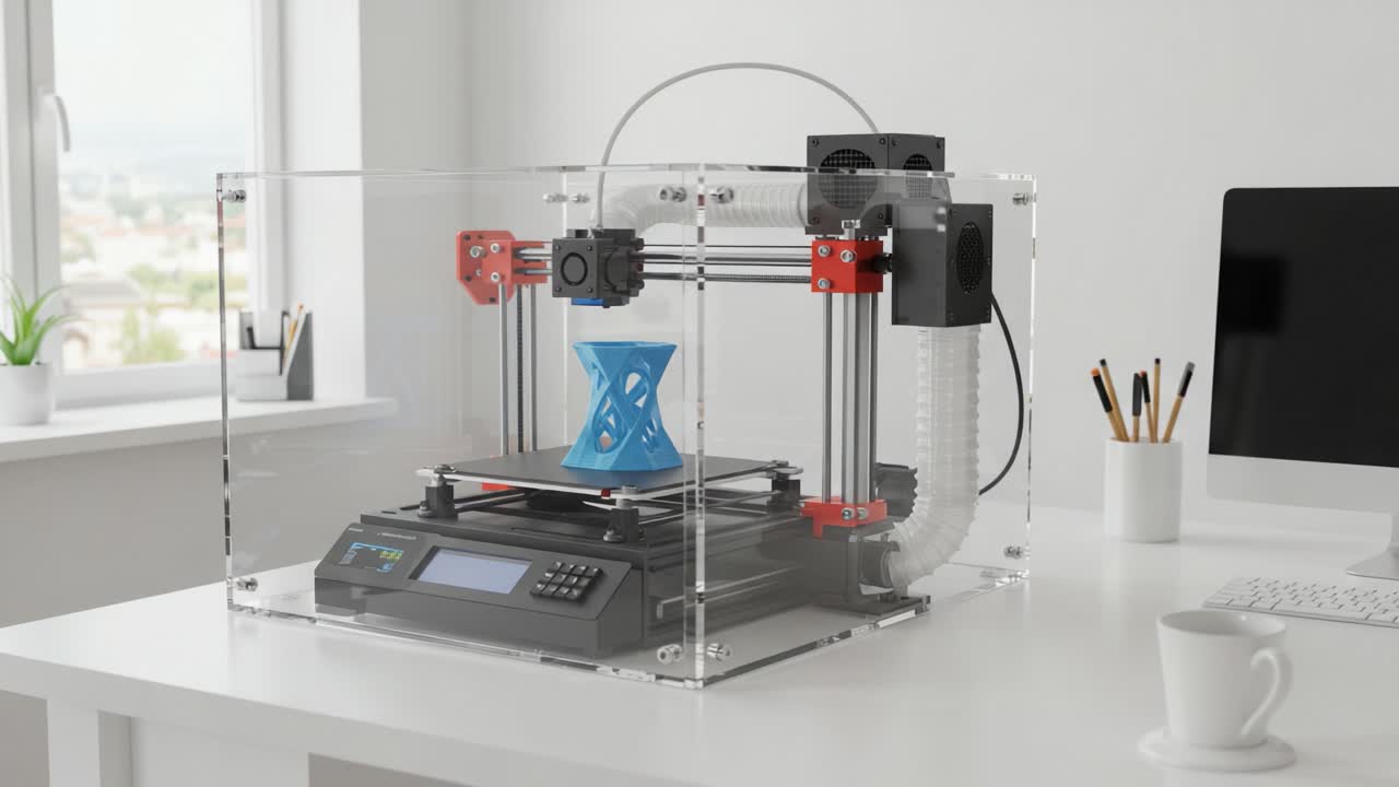 A modern 3D printer showcasing a vibrant blue object in a well-lit workspace with contemporary design elements, emphasizing innovation and creativity in digital fabrication technology
