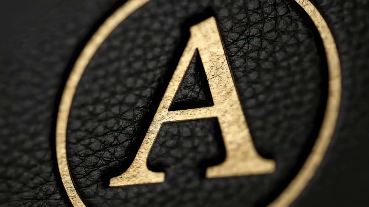 Panning studio cam showing gold letter A in gold rim on black leather, highlighting specular shine