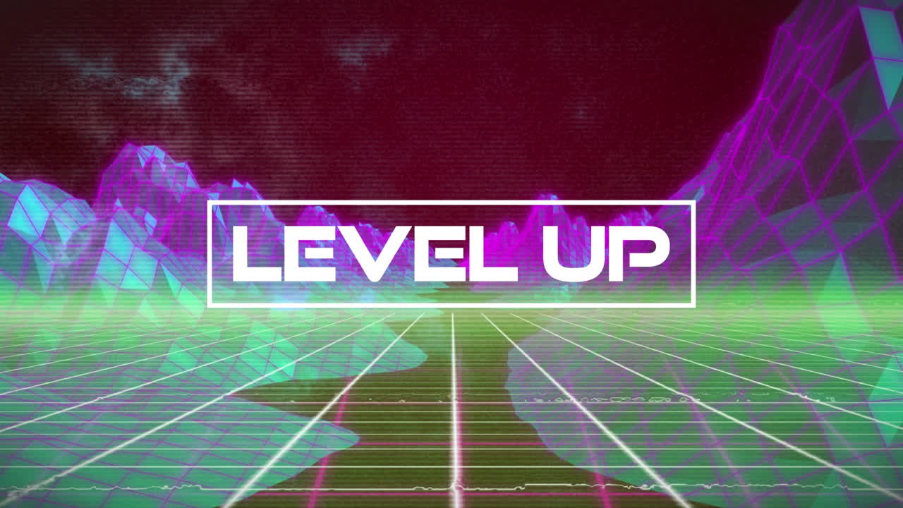 빨간색 배경에 디지털 산 위에 레벨 업 텍스트의 애니메이션