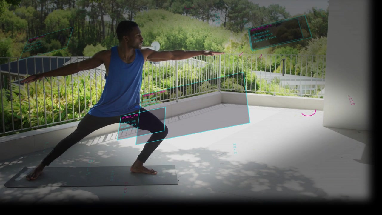 Man stepping onto mat on terrace and moving into lunge extending arms, cyan overlays guiding pose