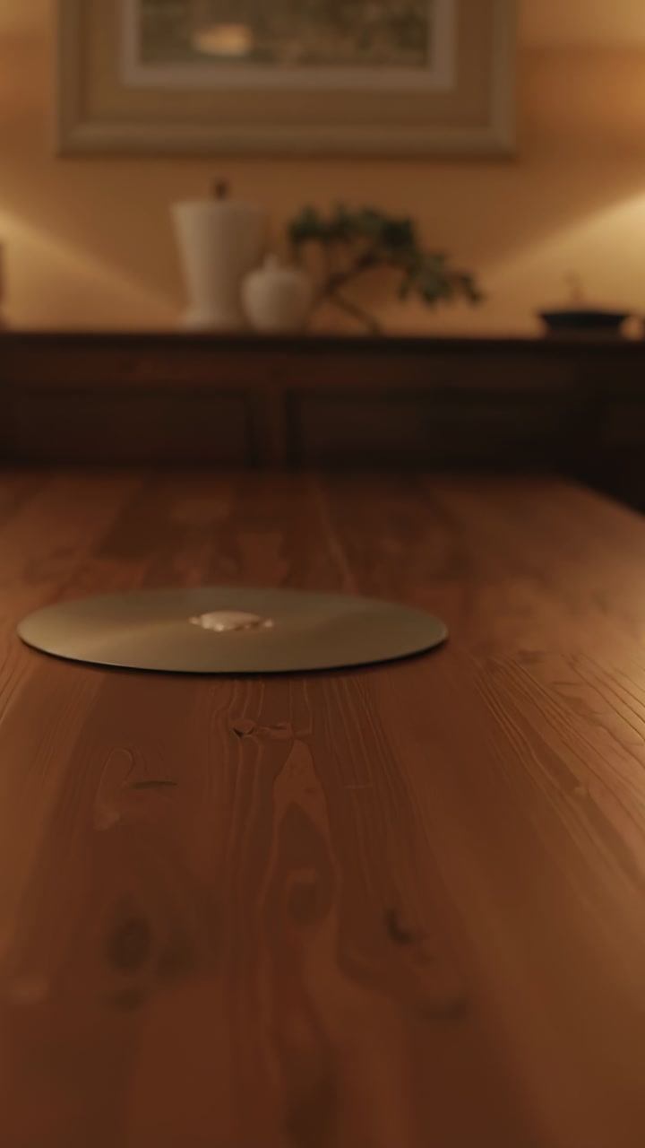 Vertical video: Zooming camera moving closer to round plate on wooden table showing metallic detail