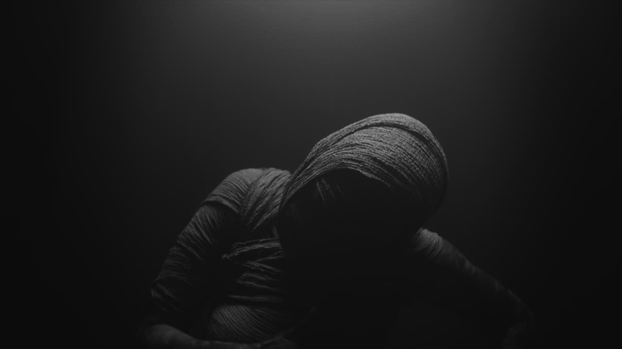 A mummy of a woman on a dark backdrop rises her head