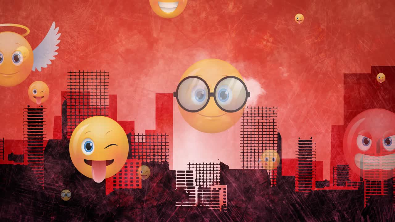 빨간색에 실루 ⁇  도시 풍경 위에 날아다니는 이모지 아이콘의 애니메이션