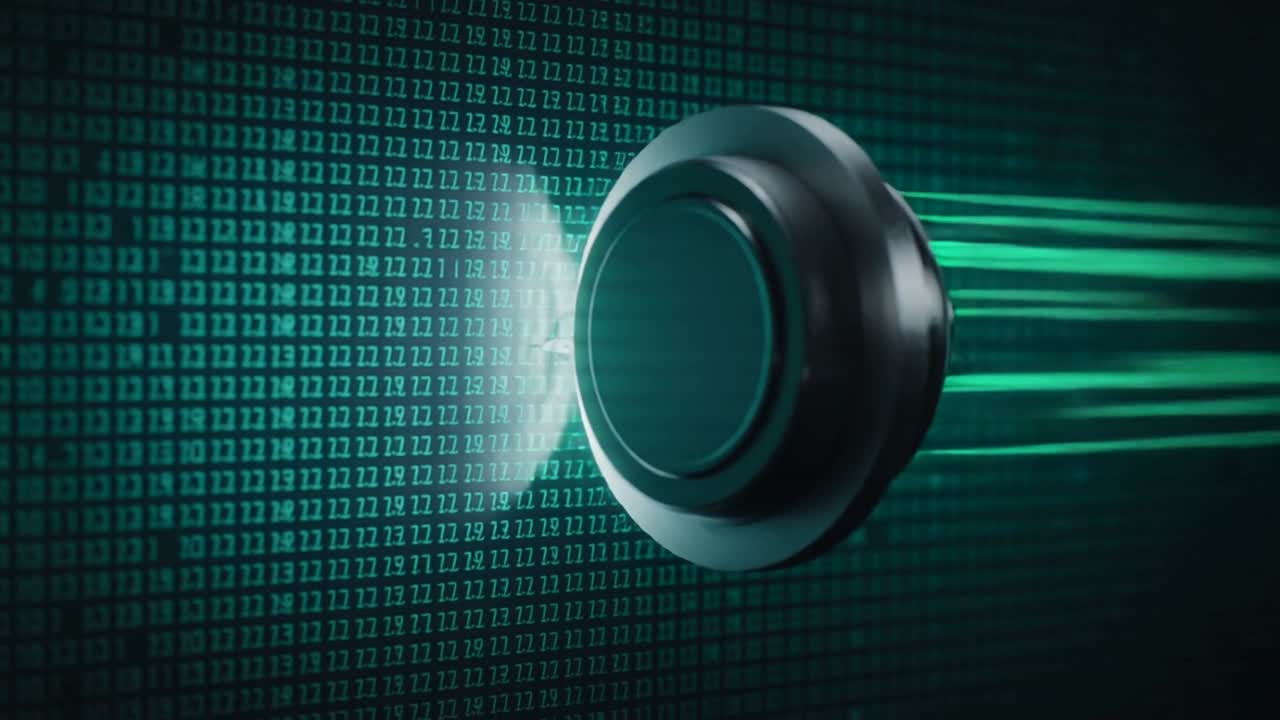 Activating metal emitter moving, scanning teal numeric grid, sending green beams carrying data